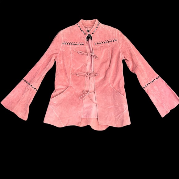 CHI by FALCHI PINK STUDDED LEATHER BLAZER WITH BELL SLEEVES AND TIE FRONT - Picture 12 of 13